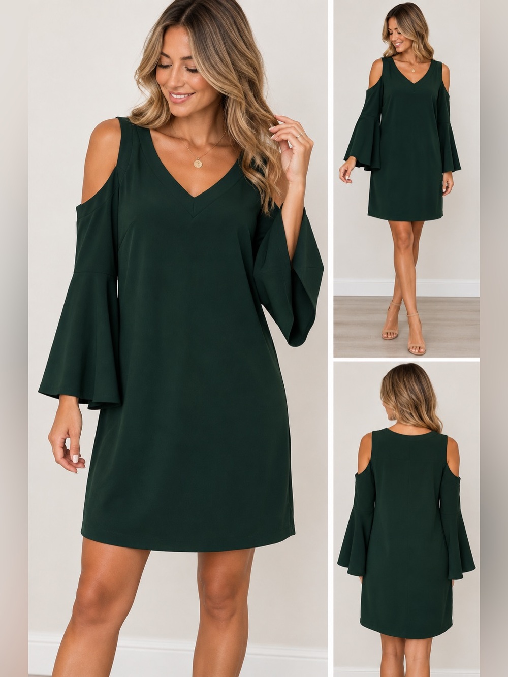 Trina Turk Forest Green Cold Shoulder Bell Sleeve Shift Dress Size 4